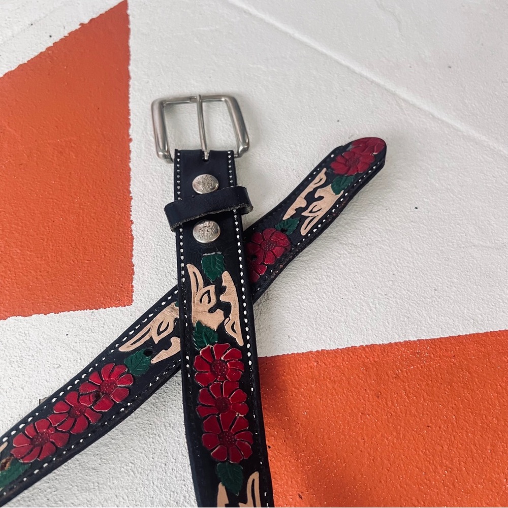 Women’s Vintage Harley-Davidson Tooled Floral Black Leather Belt; Sz 32